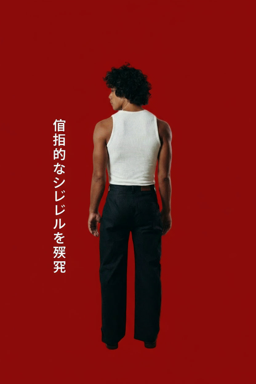Person wearing a white tank top and black pants on a red background